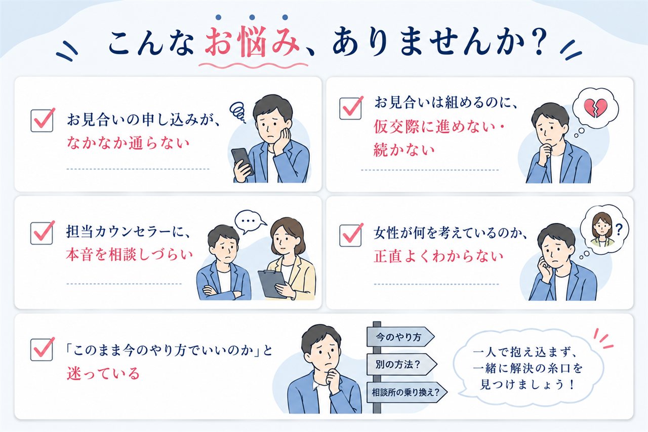 こんなお悩みありませんか？ お見合いの申し込みが通らない・仮交際に進めない・カウンセラーに本音を相談しづらい・女性の考えがわからない・このまま今のやり方でいいのか迷っている